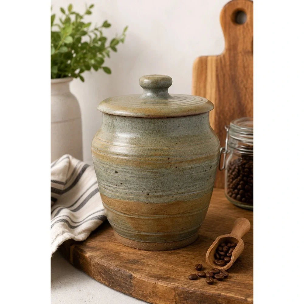 Vintage Studio Pottery Stoneware Canister Jar With Lid Green Brown Speckled 8.5