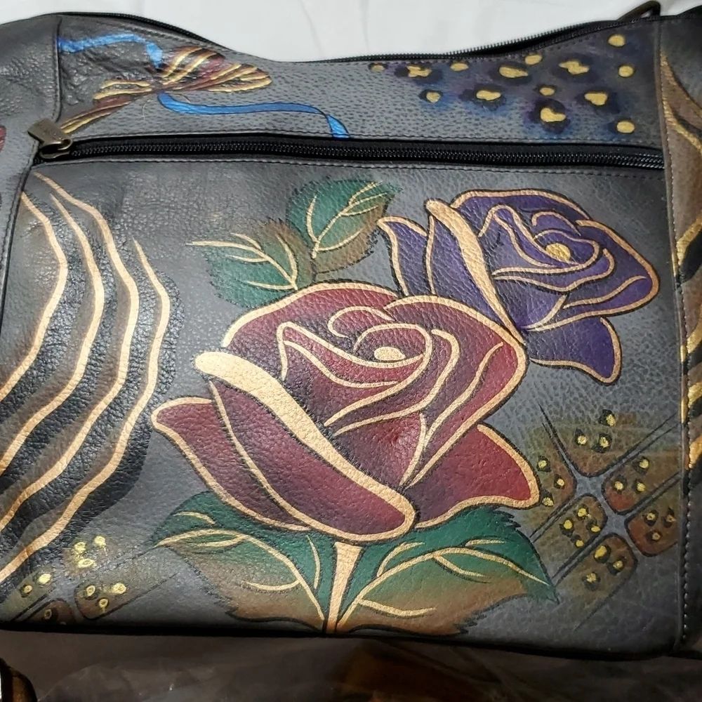 Anuschka Grey handpainted rose animal print safari hobo shoulder bag nwot