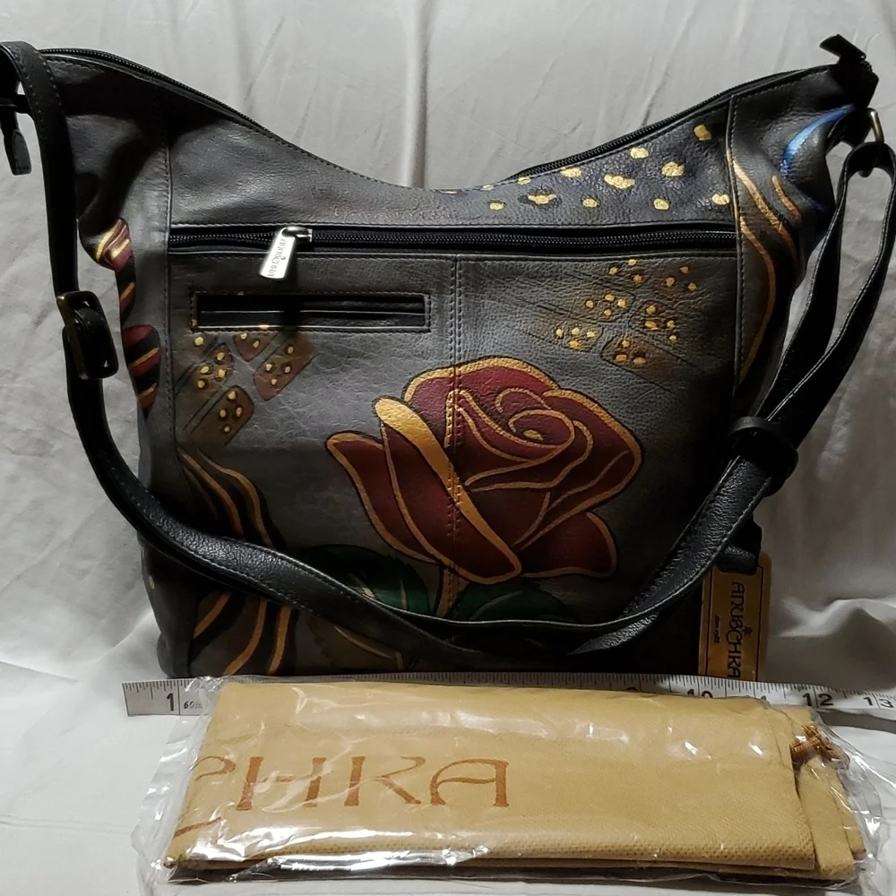 Anuschka Grey handpainted rose animal print safari hobo shoulder bag nwot