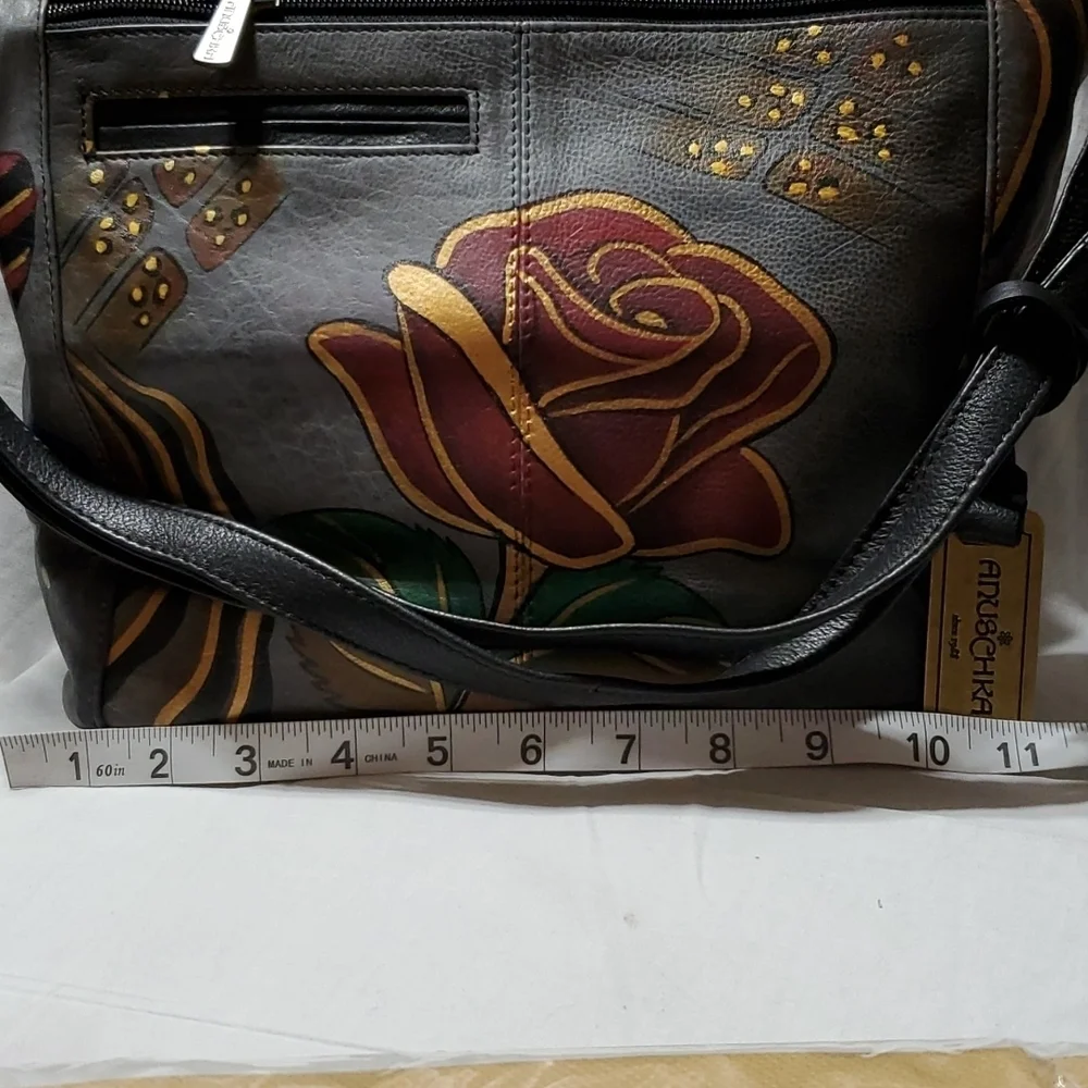 Anuschka Grey handpainted rose animal print safari hobo shoulder bag nwot
