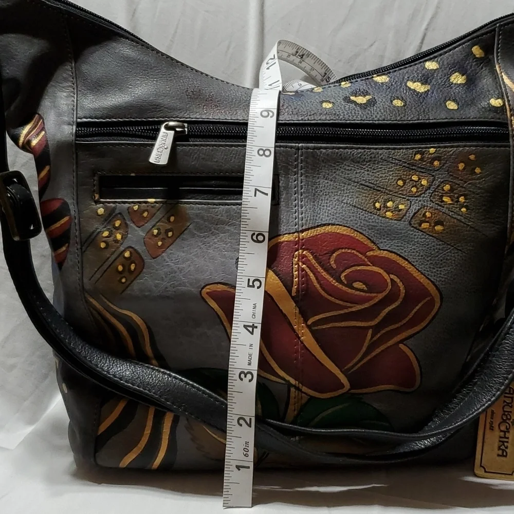 Anuschka Grey handpainted rose animal print safari hobo shoulder bag nwot