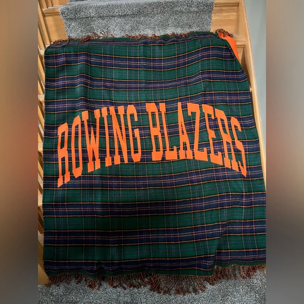 Rowing Blazers Preppy Plaid Throw Blanket Fleece Orange Green Blue 50 x 60”