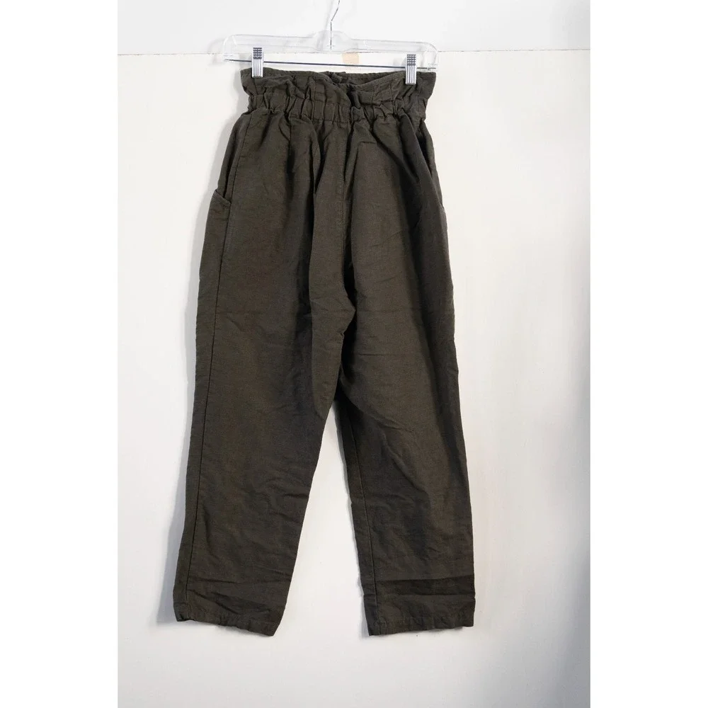 Zara Women Super High Waisted Paper bag Linen Blend Pant Green size XS