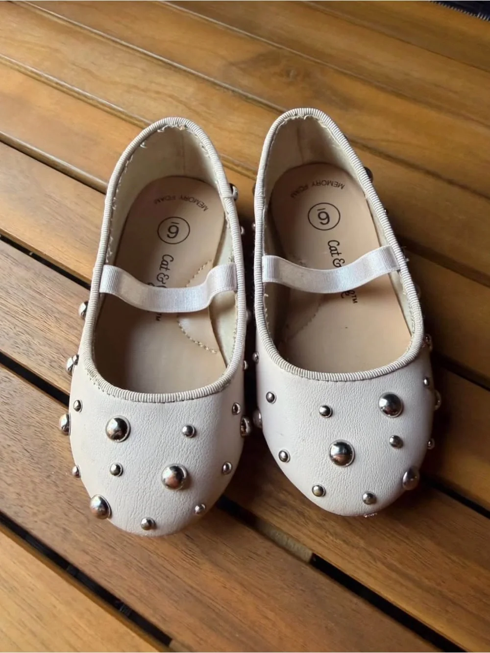Cat & Jack Girls' Cream Mary Jane Flats with Silver Studs