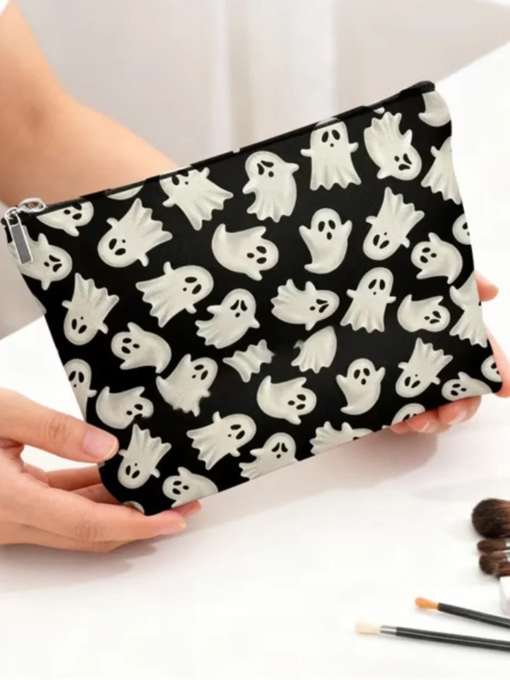 Ghost Halloween Themed Print Cosmetic Pouch in Black & White