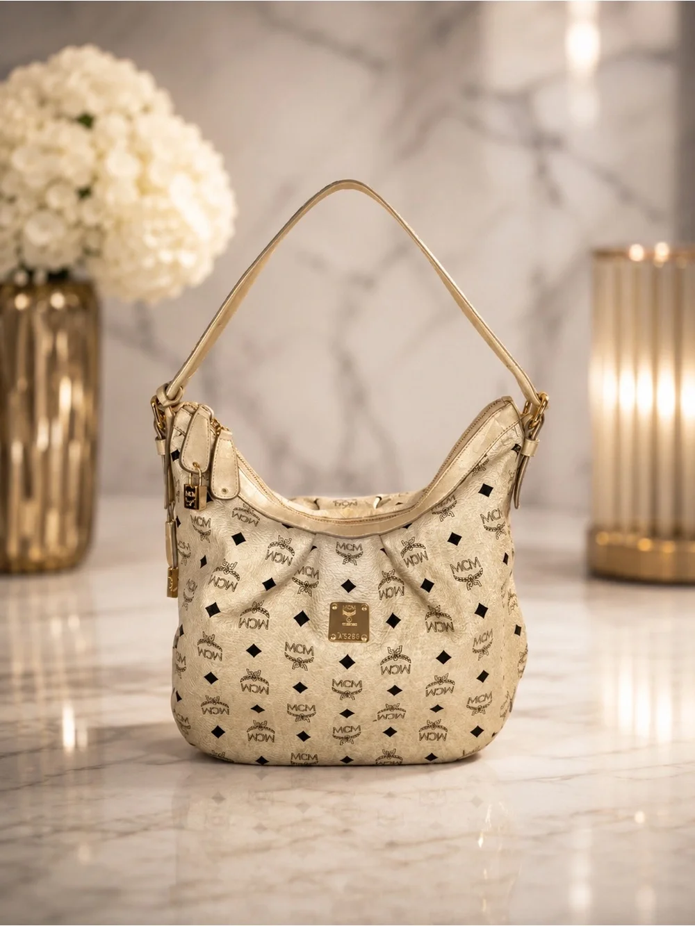 MCM Light Beige Visetos Leather Monogram Hobo Shoulder Bag | Lock & Key Included