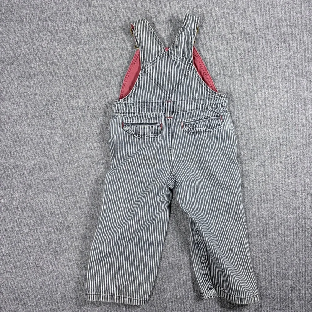 VNTG Gymboree Kids Hickory Stripe Denim Overalls Train Patch Blue White 18-24‎ M