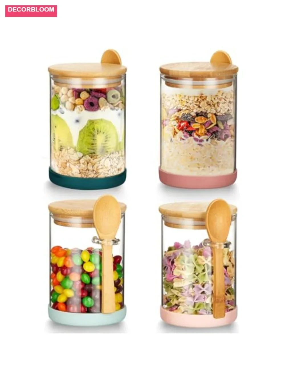 Set of 4 Airtight Glass Jars with Bamboo Lids & Spoons, Food Storage Canisters