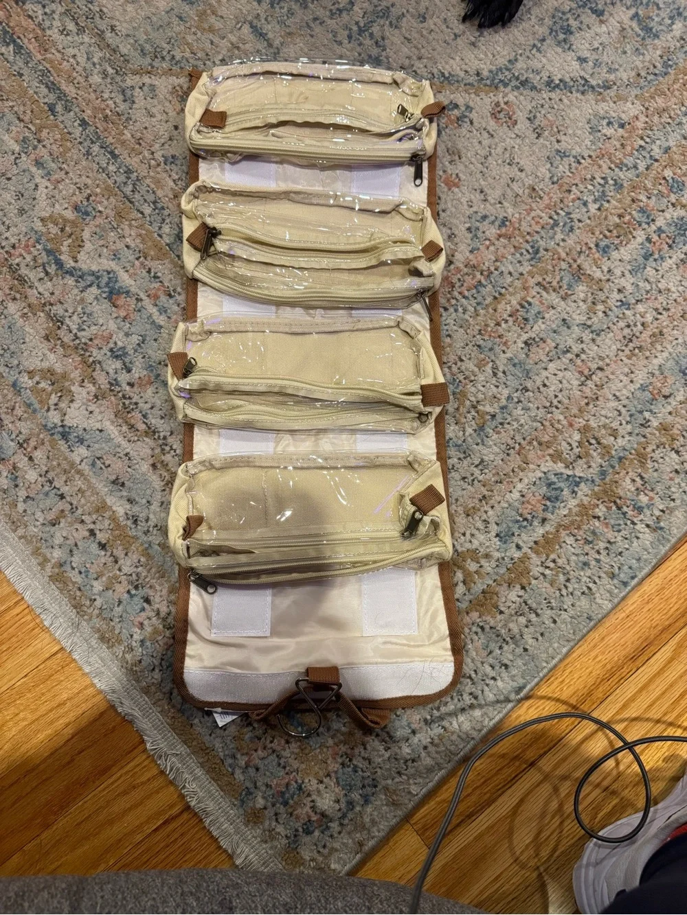 Hanging Toiletry Organizer in Beige with Clear Zip Pockets