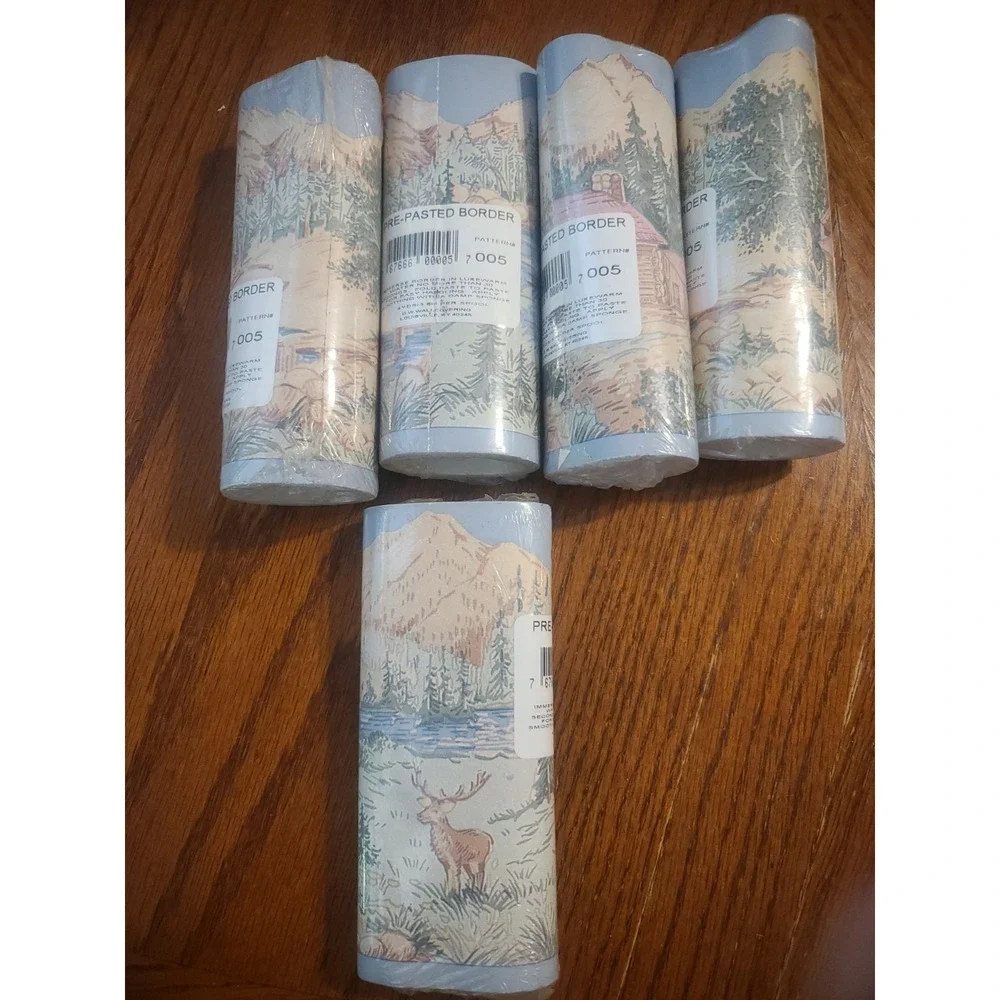 5 Rolls Vintage DW Wallcoverings Border Pattern 005 Deer Cabin Mountains NOS