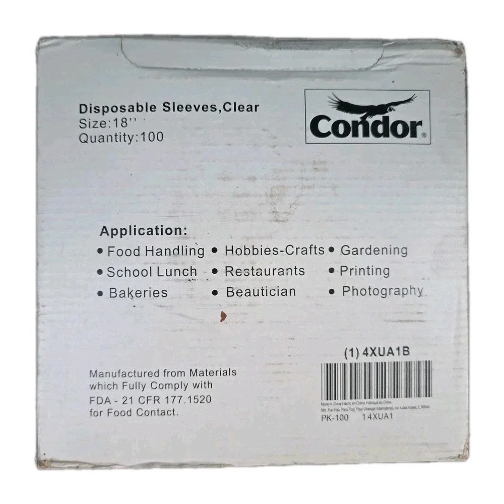 NEW IN BOX Condor 100 Disposable 18‎ Inch Clear Sleeves 4XUA1B