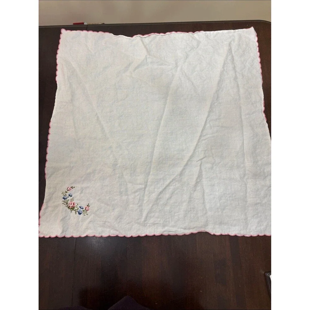 Vintage White Embroidered Linen Tablecloth with Pink Scalloped Edge