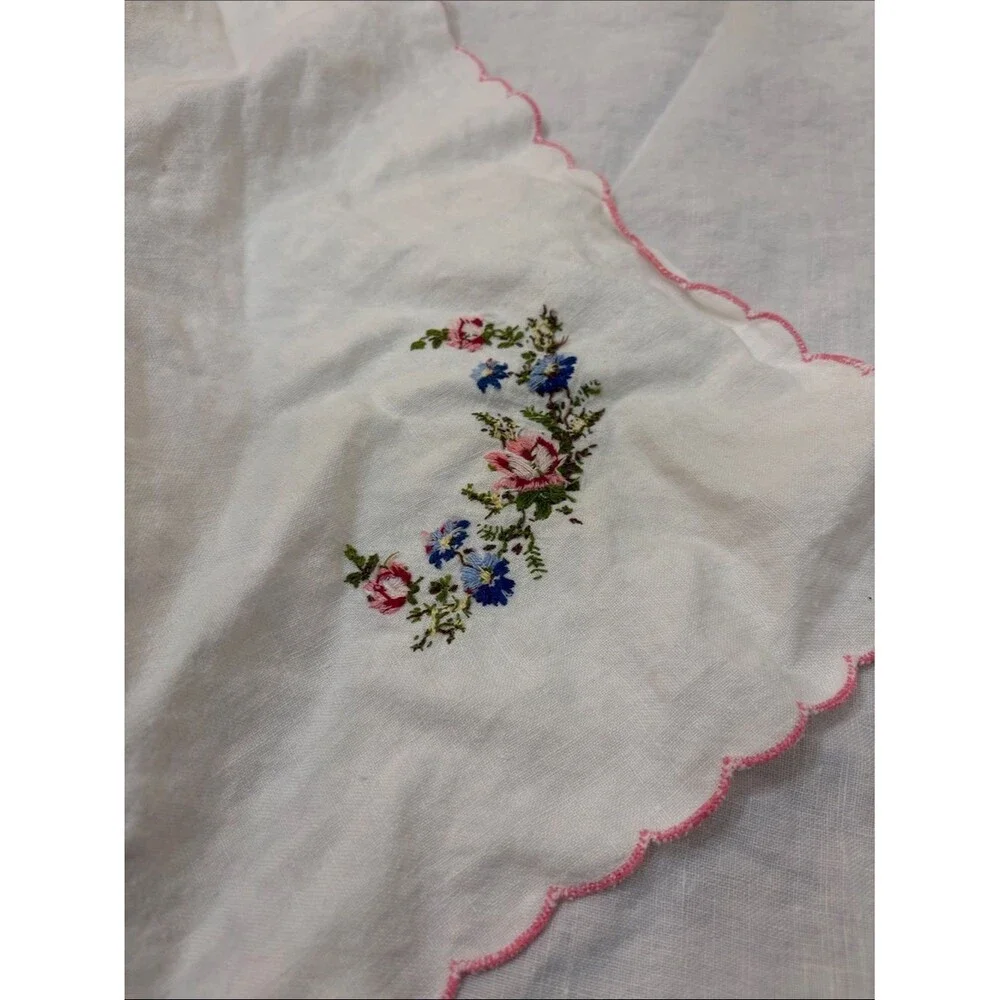 Vintage White Embroidered Linen Tablecloth with Pink Scalloped Edge