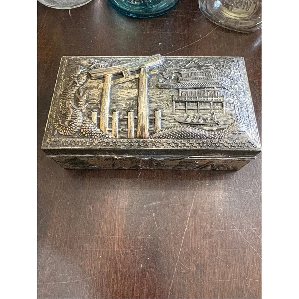 Ornate Embossed Metal Trinket Box in Aged Silver Tone