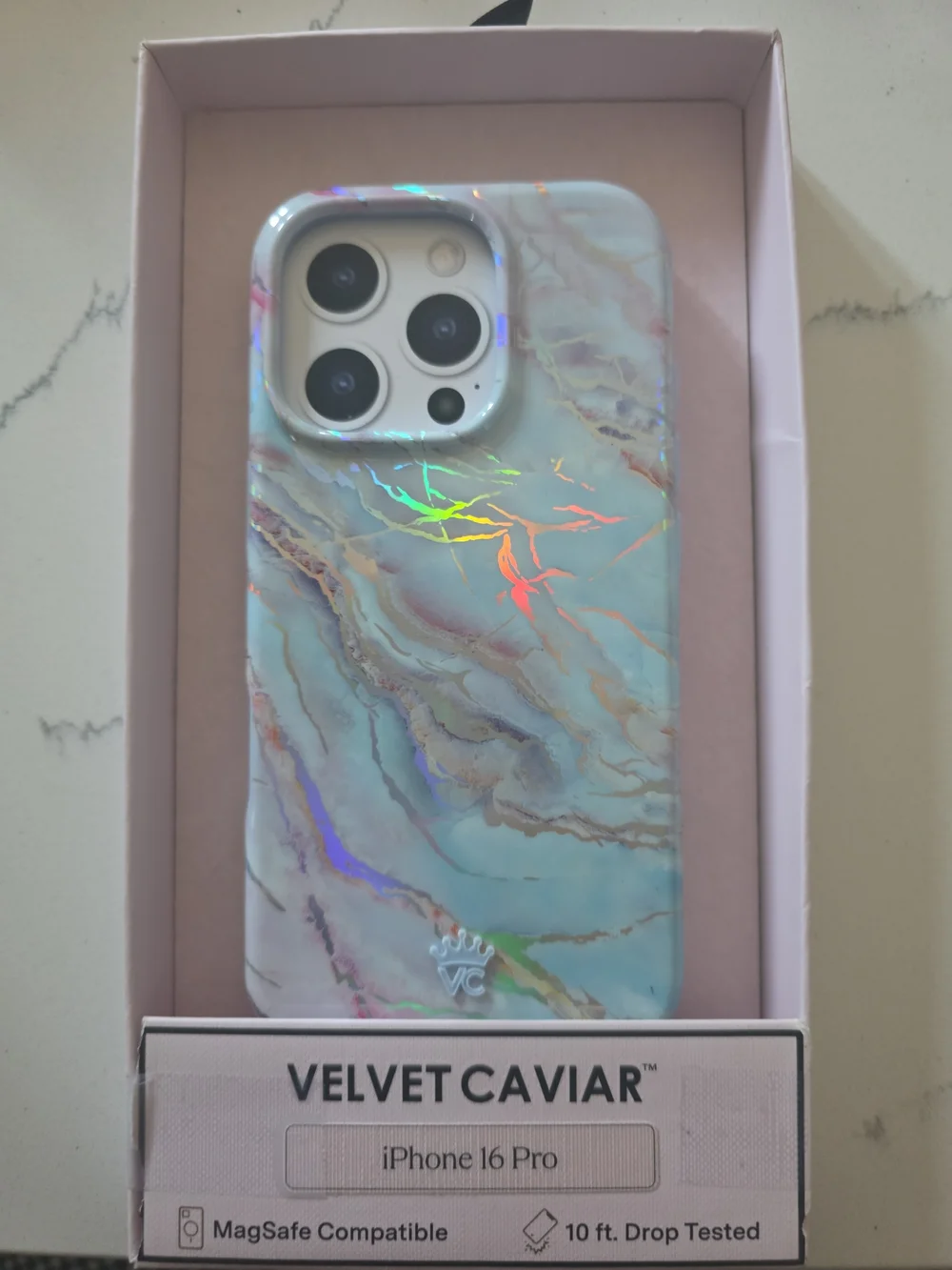 Velvet Caviar Marble Holographic iPhone 16 Pro Case - Pastel Blue