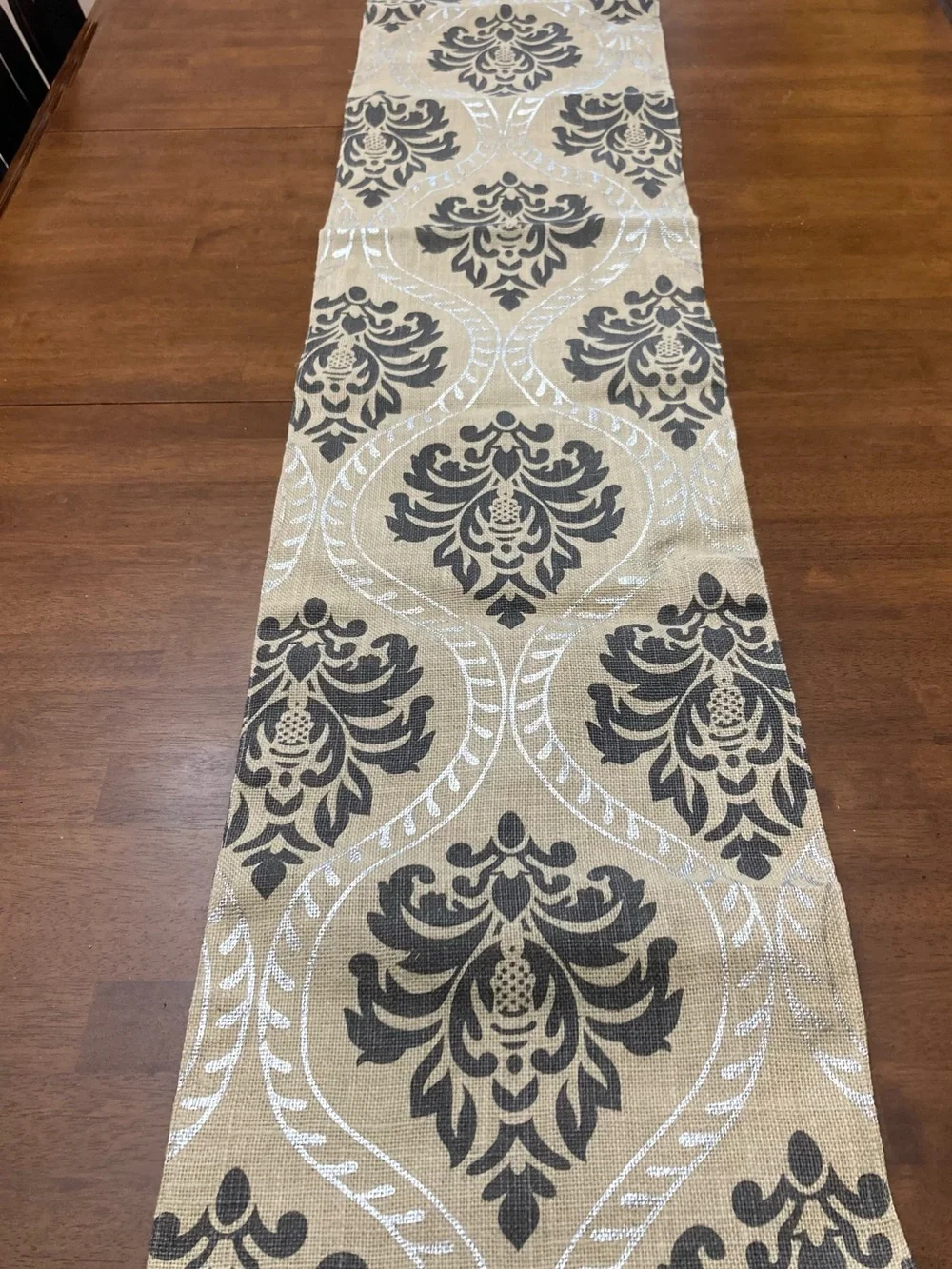 Cotton Craft Beige, Gray and Silver Damask Jute Table Runner 72”X 13.5”. New