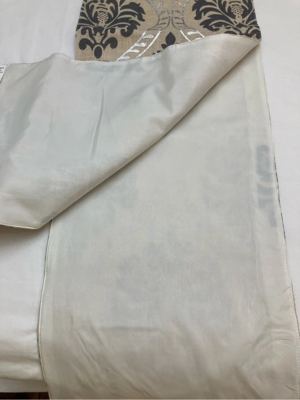 Cotton Craft Beige, Gray and Silver Damask Jute Table Runner 72”X 13.5”. New