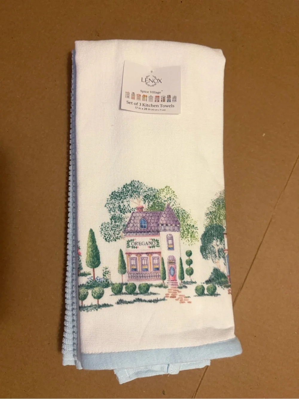 Lenox White Kitchen Towels with Pastel Village Motif