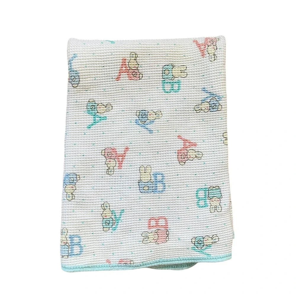 Vintage Carters Waffle Knit Thermal Baby Blanket Cotton ABC's Bunny Teal‎ Blue