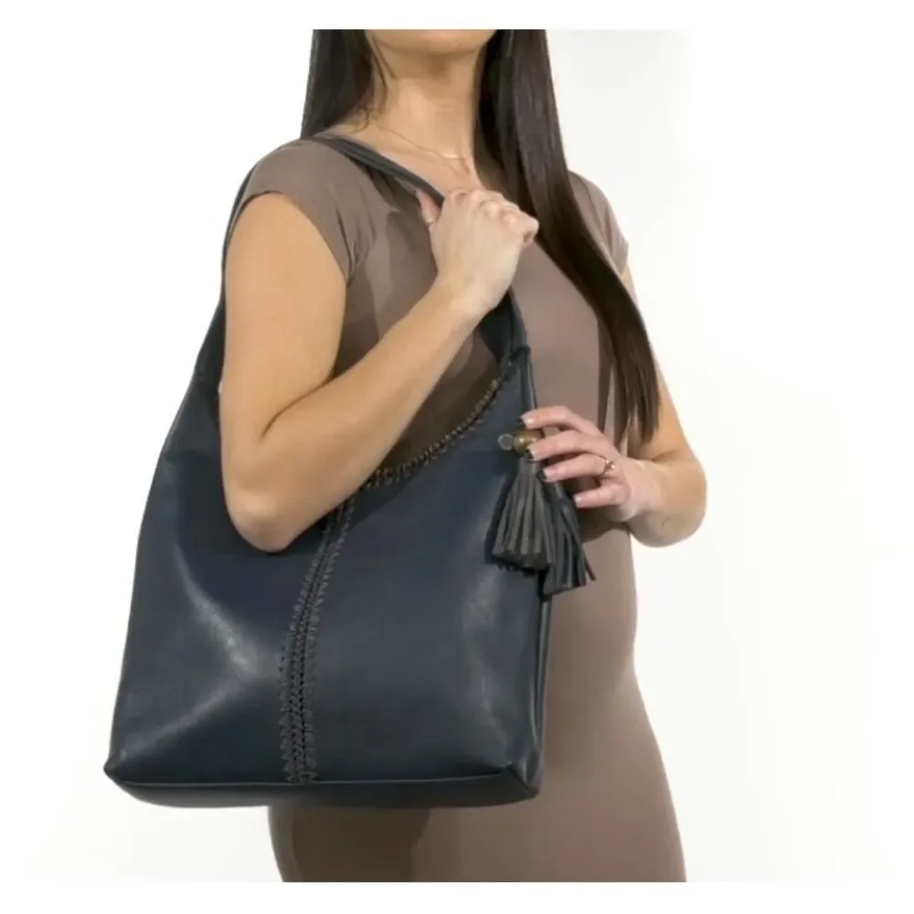 The Sak Women's Blue Huntley Crochet Trim Leather Tassel Hobo Bag