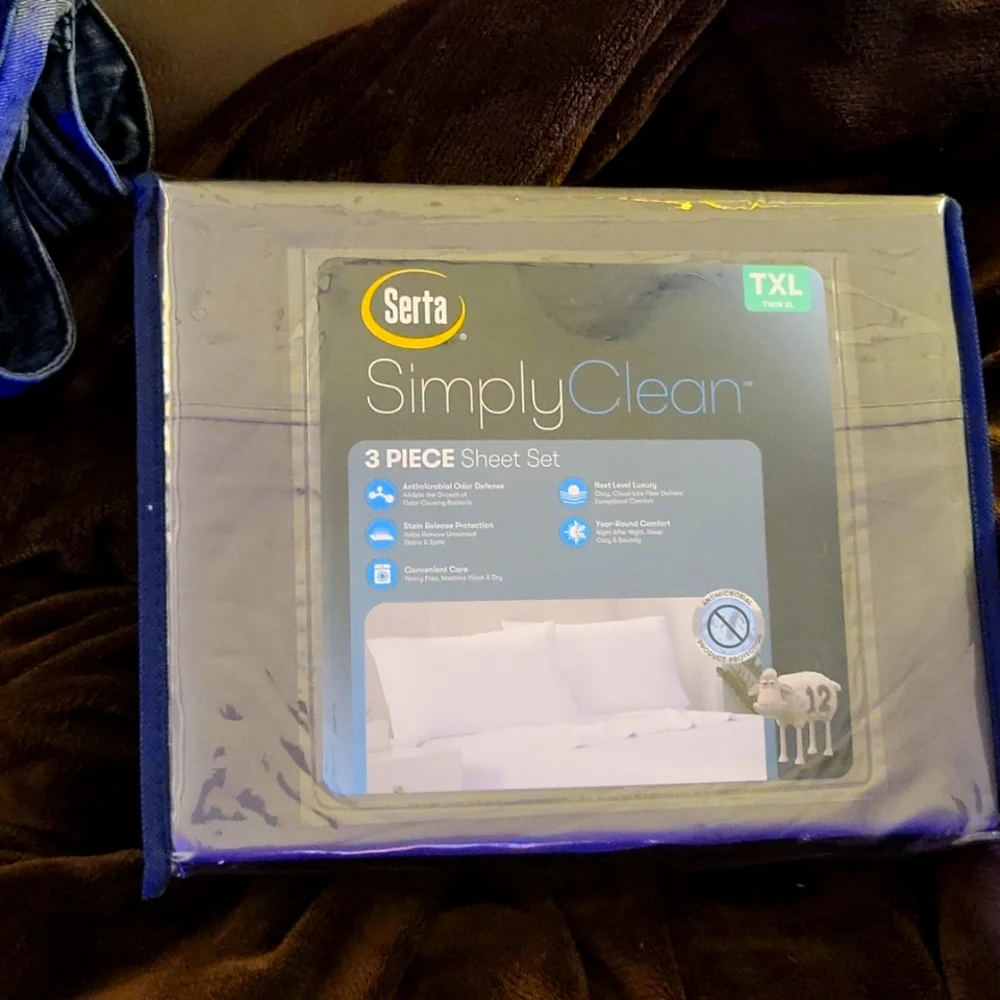 Serta Simply Clean Antimicrobial Stain Release Twin XL 3 pc sheet set Gray New…