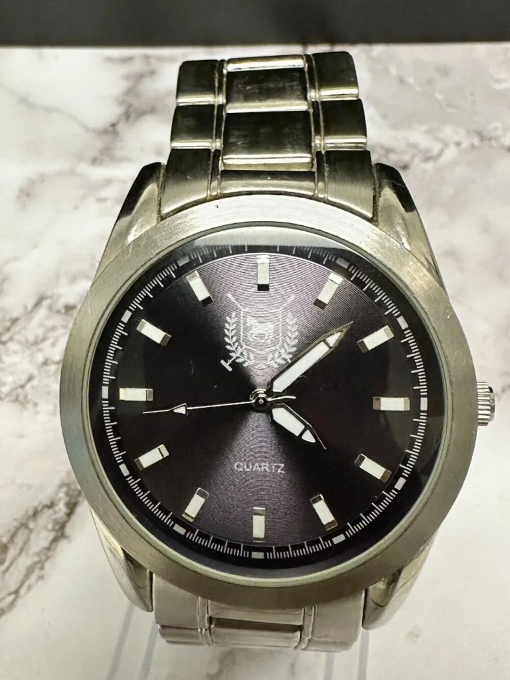 3/$30 Accutime Watch Men Silver Tone Purple Round 42MM Dial New Battery 8.5 Inch