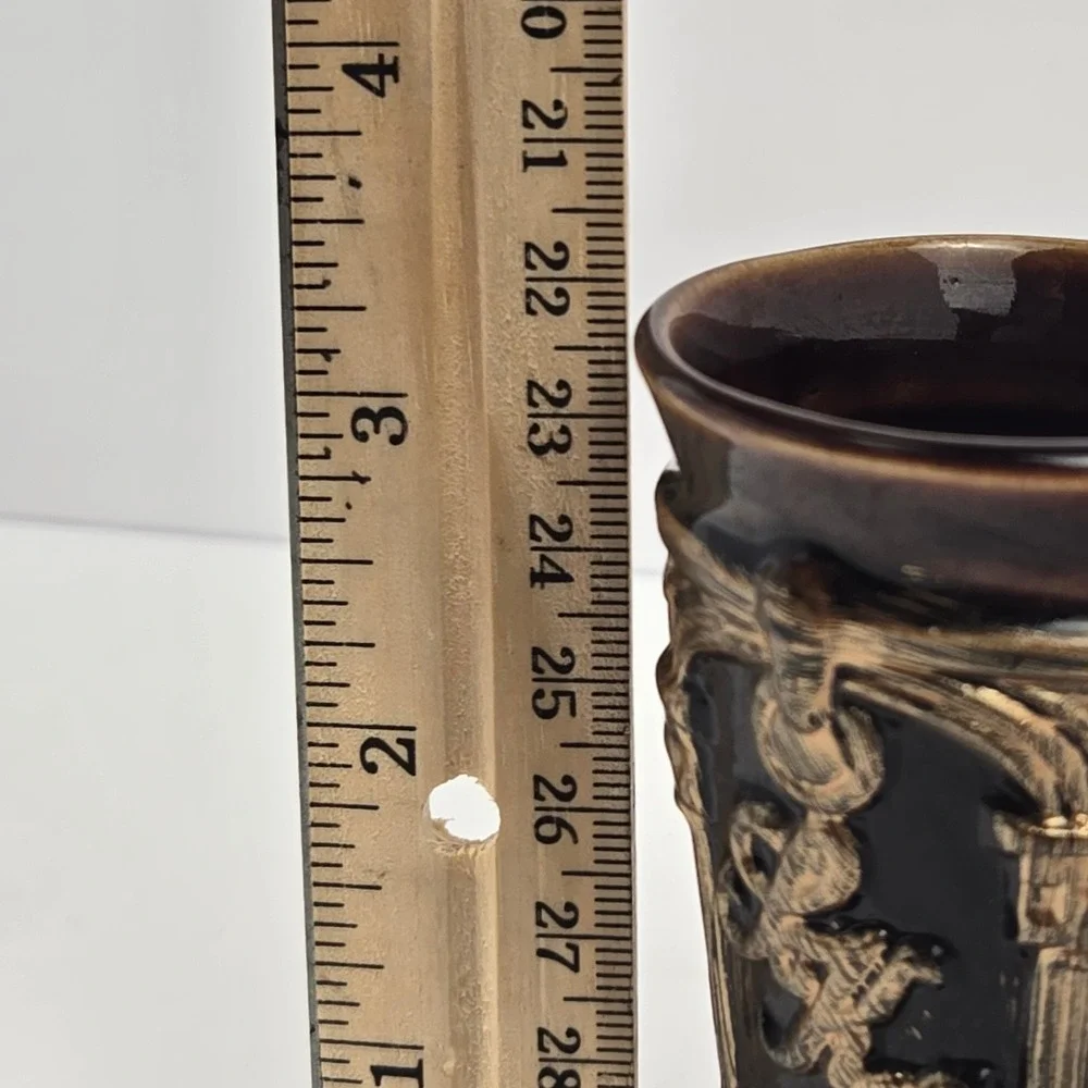 Vintage Brown Gold Ceramic Toothpick Holder Bud Vase Relief Column Crest 3.25in