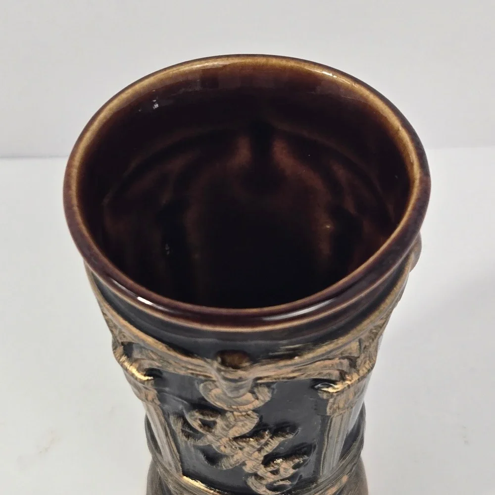 Vintage Brown Gold Ceramic Toothpick Holder Bud Vase Relief Column Crest 3.25in