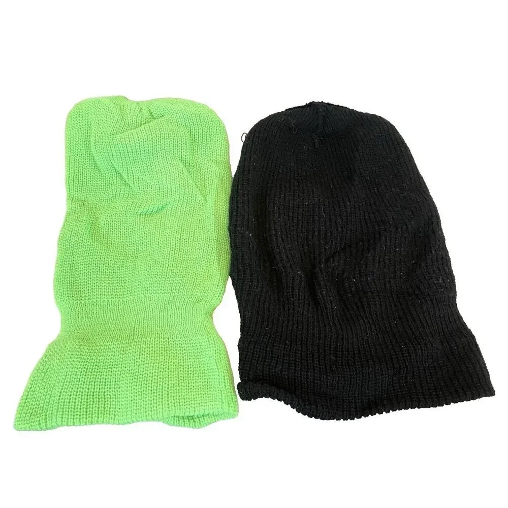 (2) Lot Knit Ski Masks Black Green White Embroidered Lettered Logo Face Cover