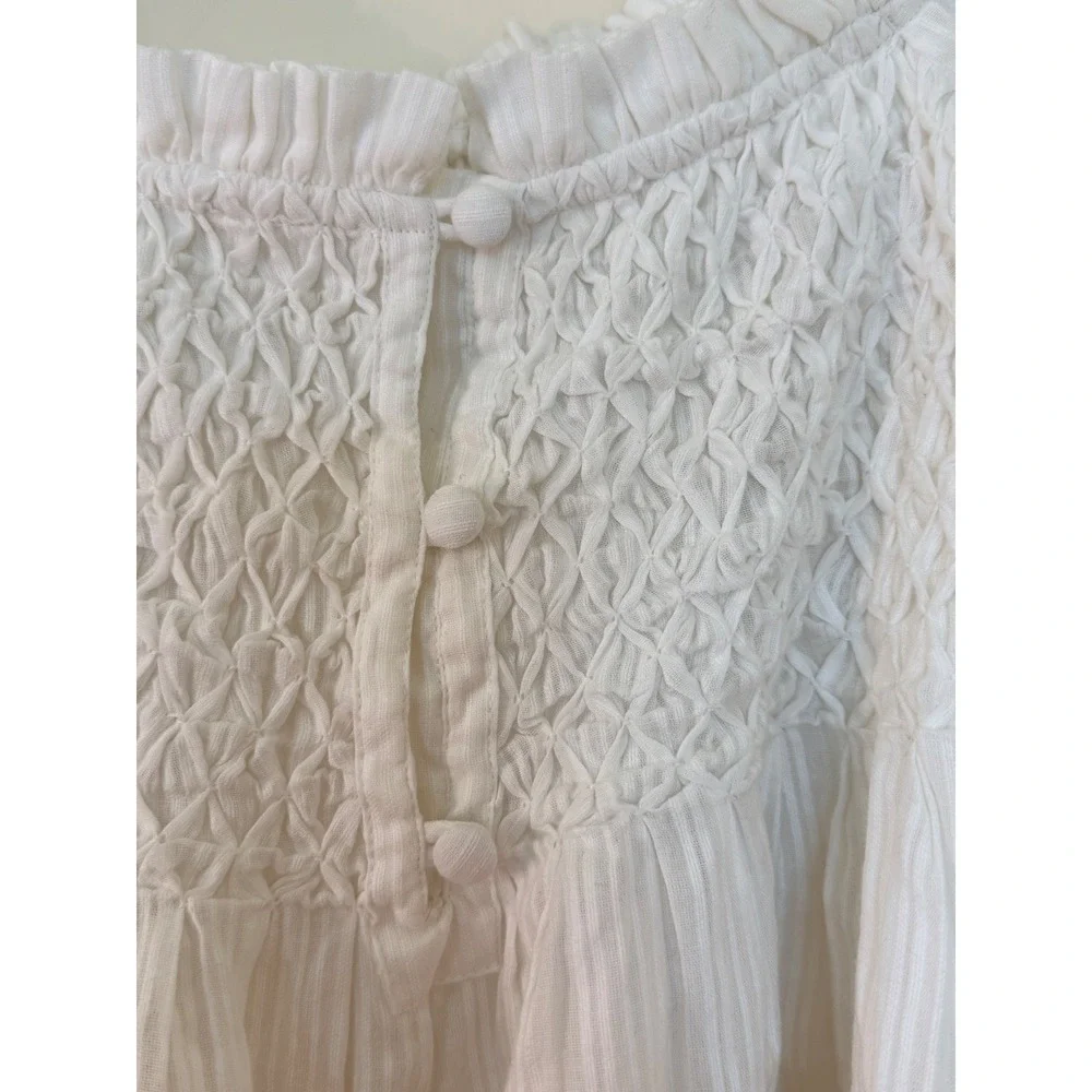 Anthropologie White Smocked Peplum Blouse Square Neck Long Sleeve