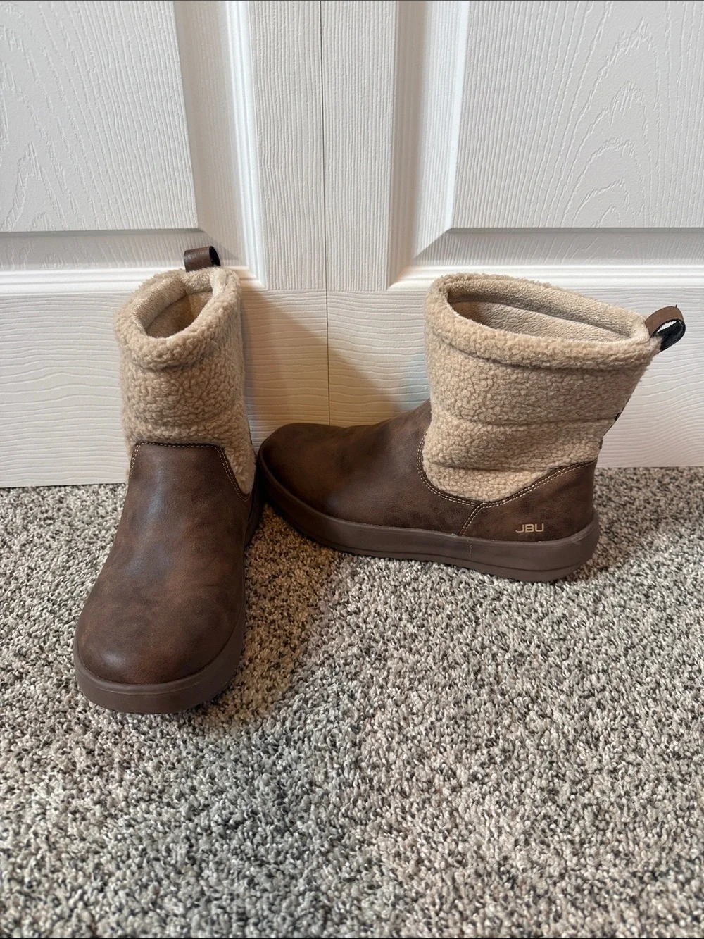 JBU Brown and Cream Sherpa-Trim Mid-Calf Winter Boots