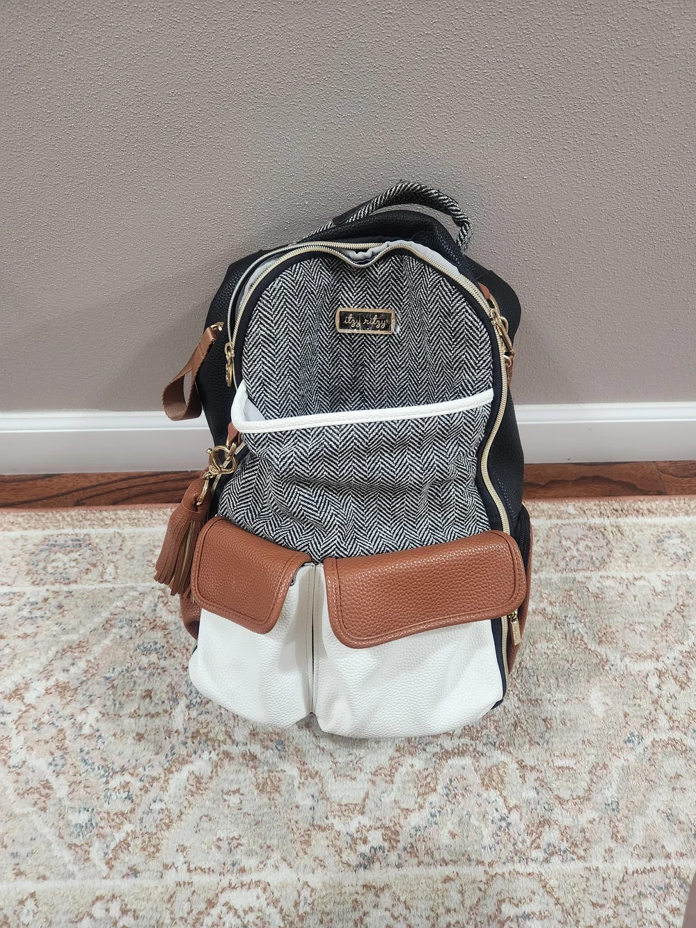 Women’s Herringbone Accent Backpack with White and Brown Trim