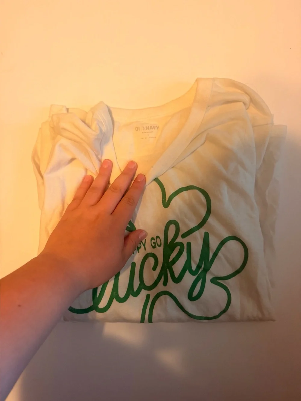 Old Navy White Kids Tee with Green Shamrock 'Happy Go Lucky' Graphic
