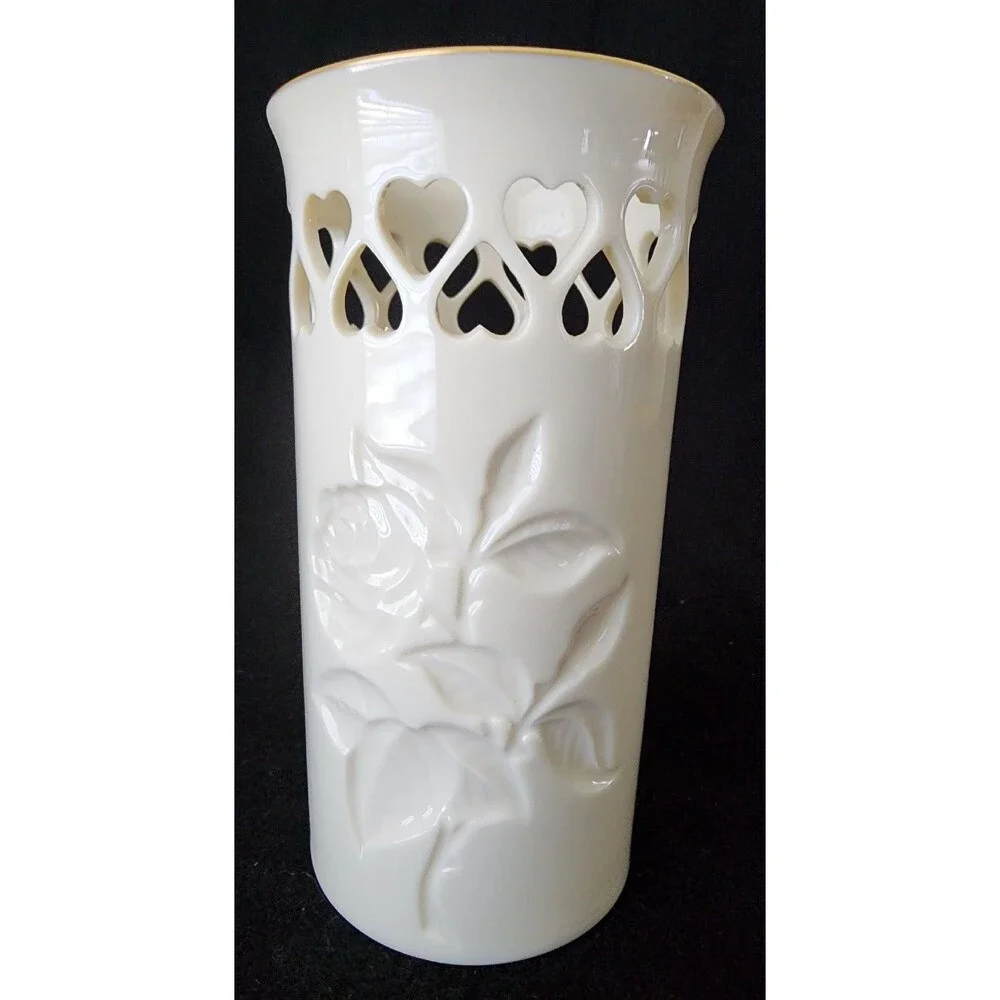 Vintage ~ Lenox Intaglio Rose Pierced Hearts Vase with Gold trim/stamp. Made USA