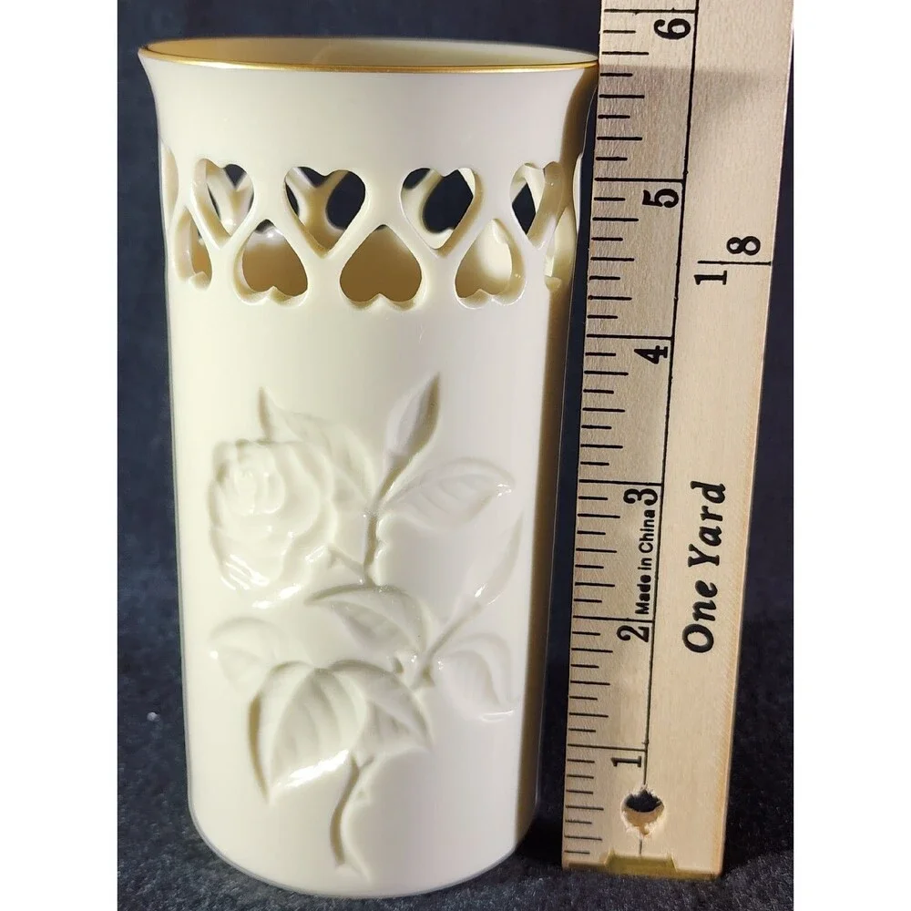 Vintage ~ Lenox Intaglio Rose Pierced Hearts Vase with Gold trim/stamp. Made USA
