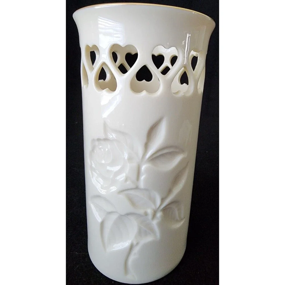 Vintage ~ Lenox Intaglio Rose Pierced Hearts Vase with Gold trim/stamp. Made USA