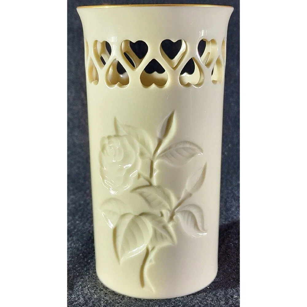 Vintage ~ Lenox Intaglio Rose Pierced Hearts Vase with Gold trim/stamp. Made USA