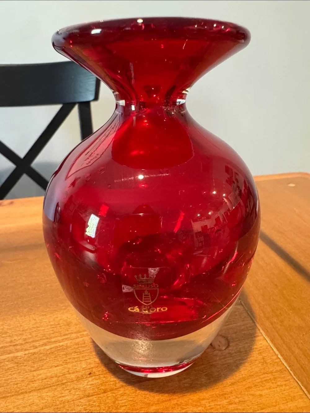 Murano SEGUSO Ca’ d Oro Glass Vase Ruby Red Sommerso glows 5.5” tall