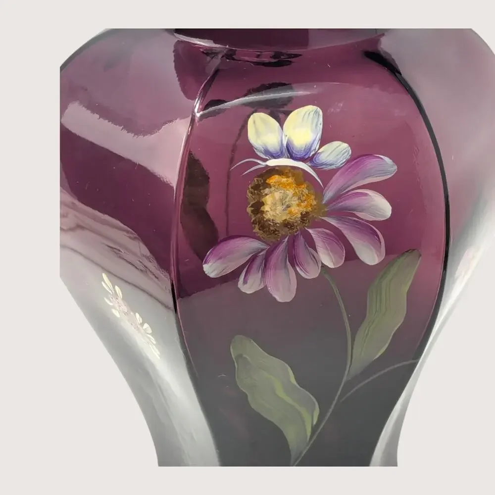 1990s Fenton Mulberry Amethyst Glass Ruffled Vase Hand Painted S Hughes