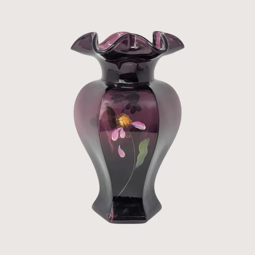 1990s Fenton Mulberry Amethyst Glass Ruffled Vase Hand Painted S Hughes