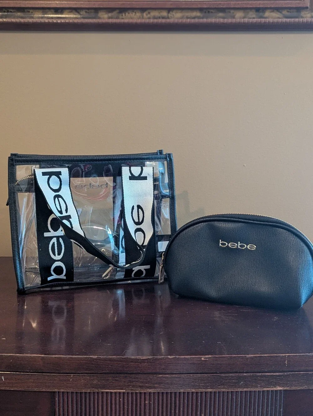 bebe Clear PVC Logo Tote & Cosmetic Pouch Set Black White Gold