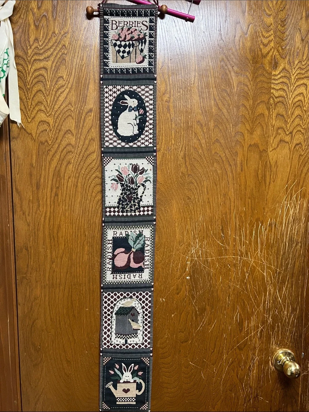 Vertical Cottage Bunny & Berries Wall Tapestry - Pink and Black