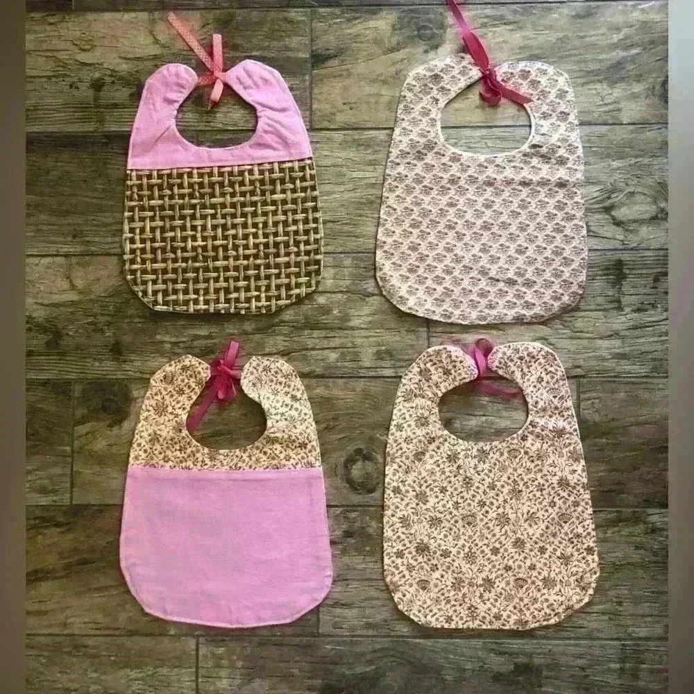 LOT OF 4 BABY GIRL PINK HANDMADE VTG FABRIC BIBS