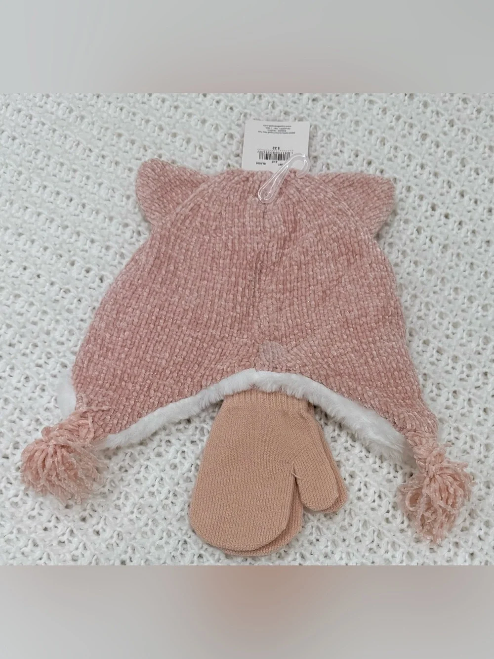 Capelli New York Kids' Beanie With Faux Fur  & Mittens Set in blush size 2-4T