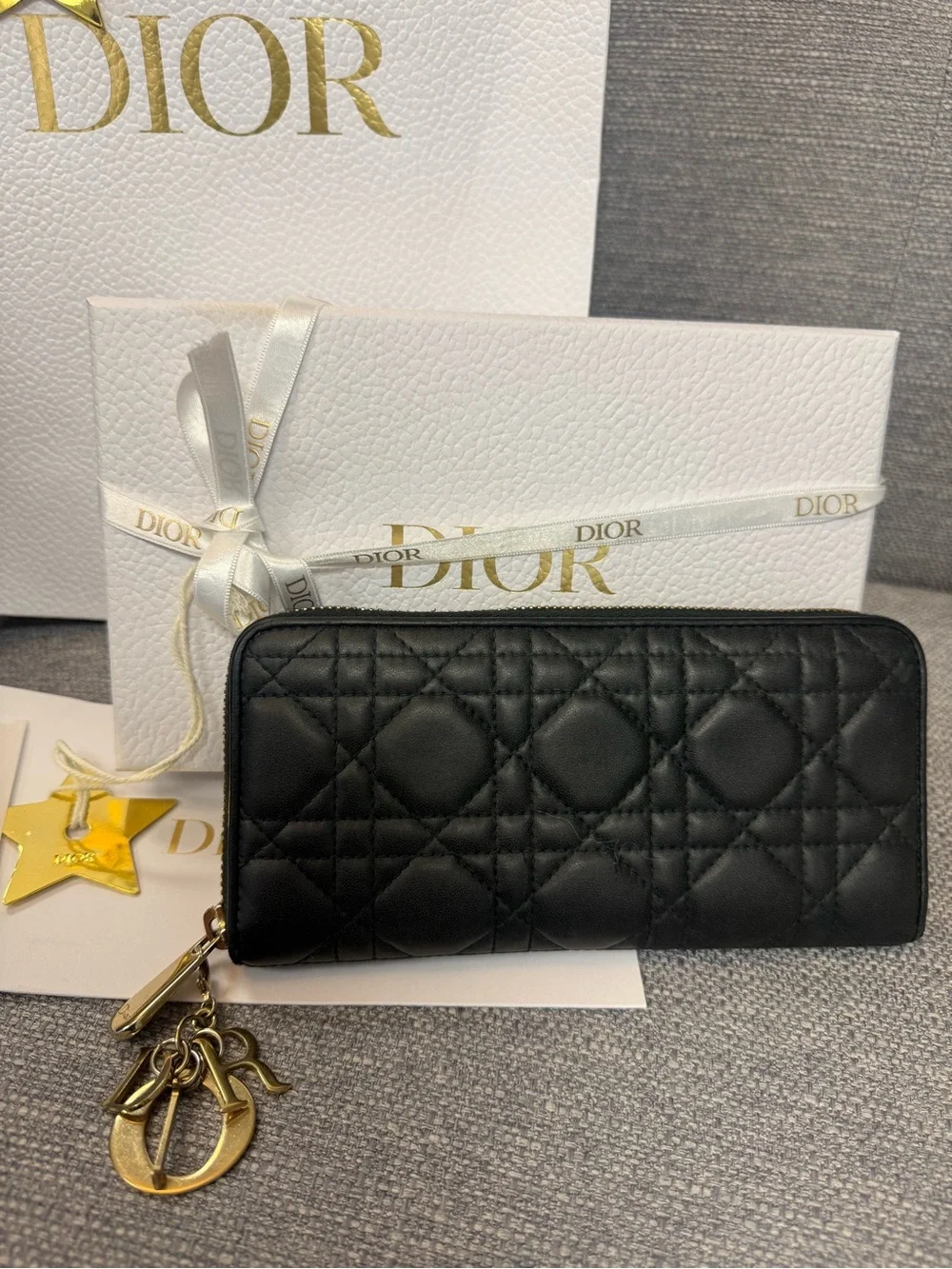 Dior Black Quilted Lady Dior Voyauger Zip Wallet with Gold Charms