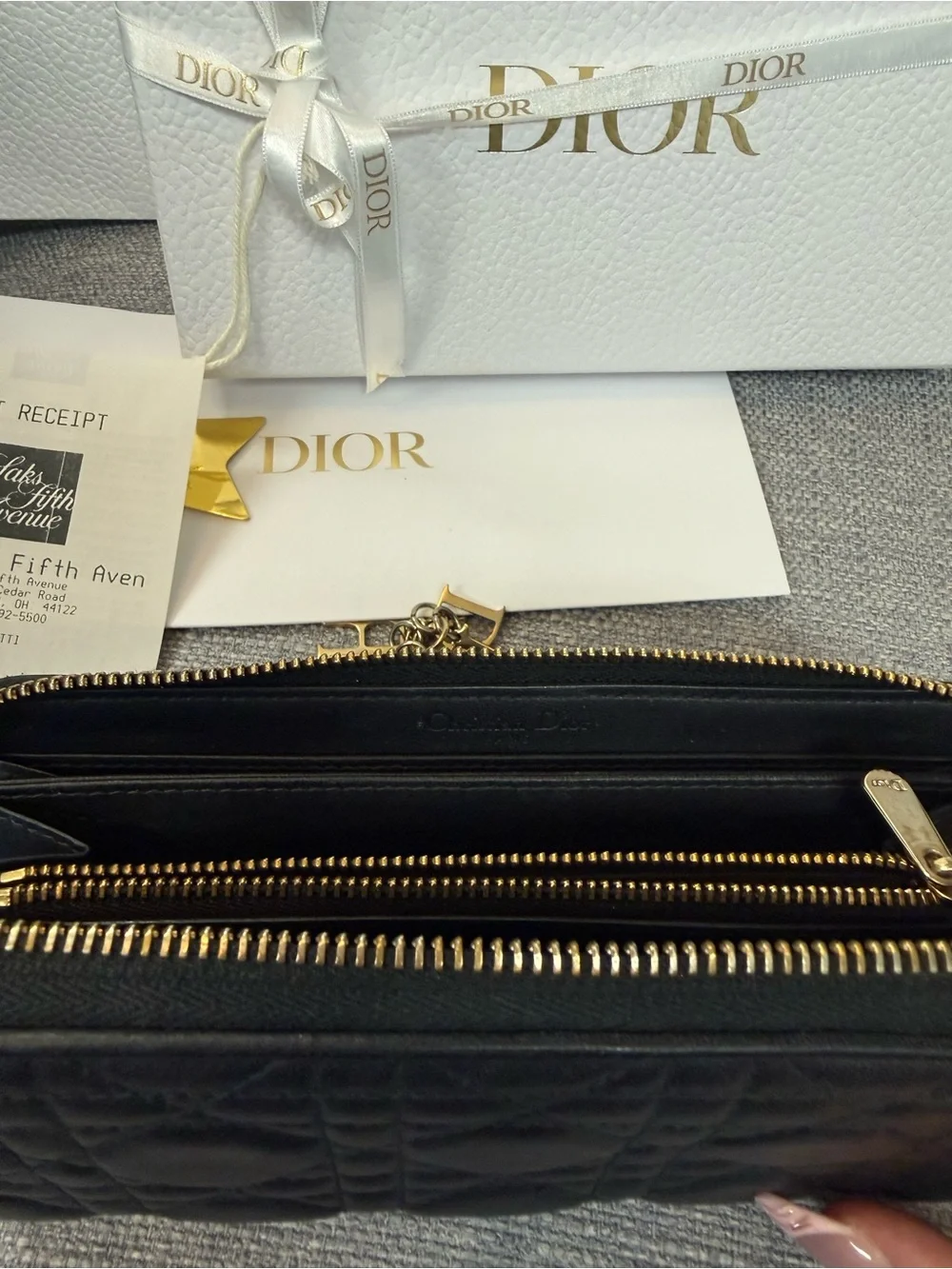 Dior Black Quilted Lady Dior Voyauger Zip Wallet with Gold Charms