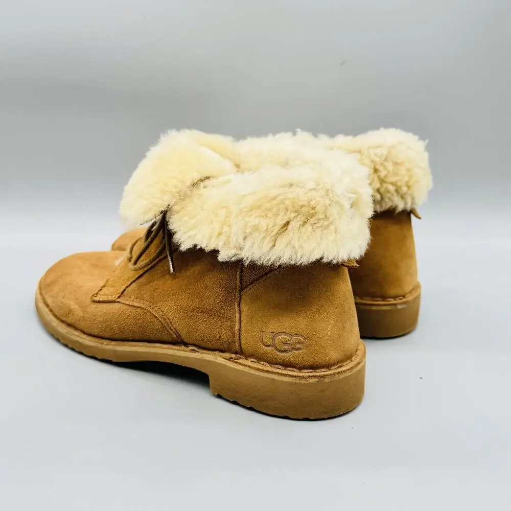 UGG Boots Womens 8 Brown Suede Quincy Shearling Lined Lace Up Ankle Winter Shoes
