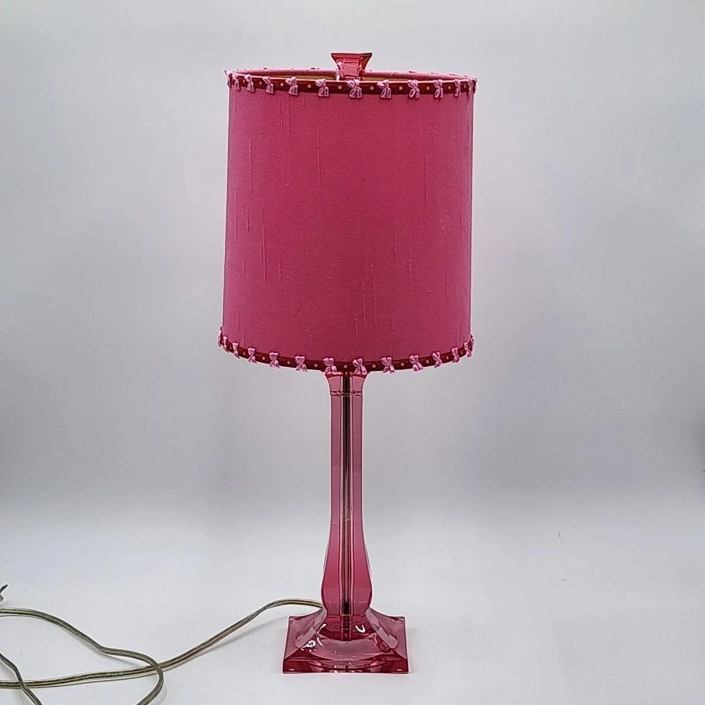 Vintage J Alexander Jewel Pink Clear Acrylic Table Lamp Bow Gold Bead Shade Rare