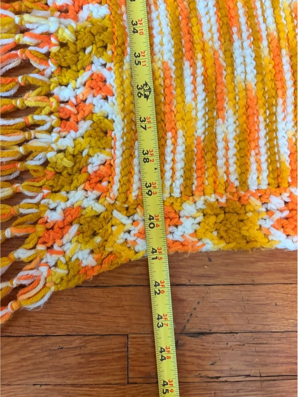 Handmade Crocheted Afghan Throw Blanket 45x65 Orange Mustard White Fringe Boho