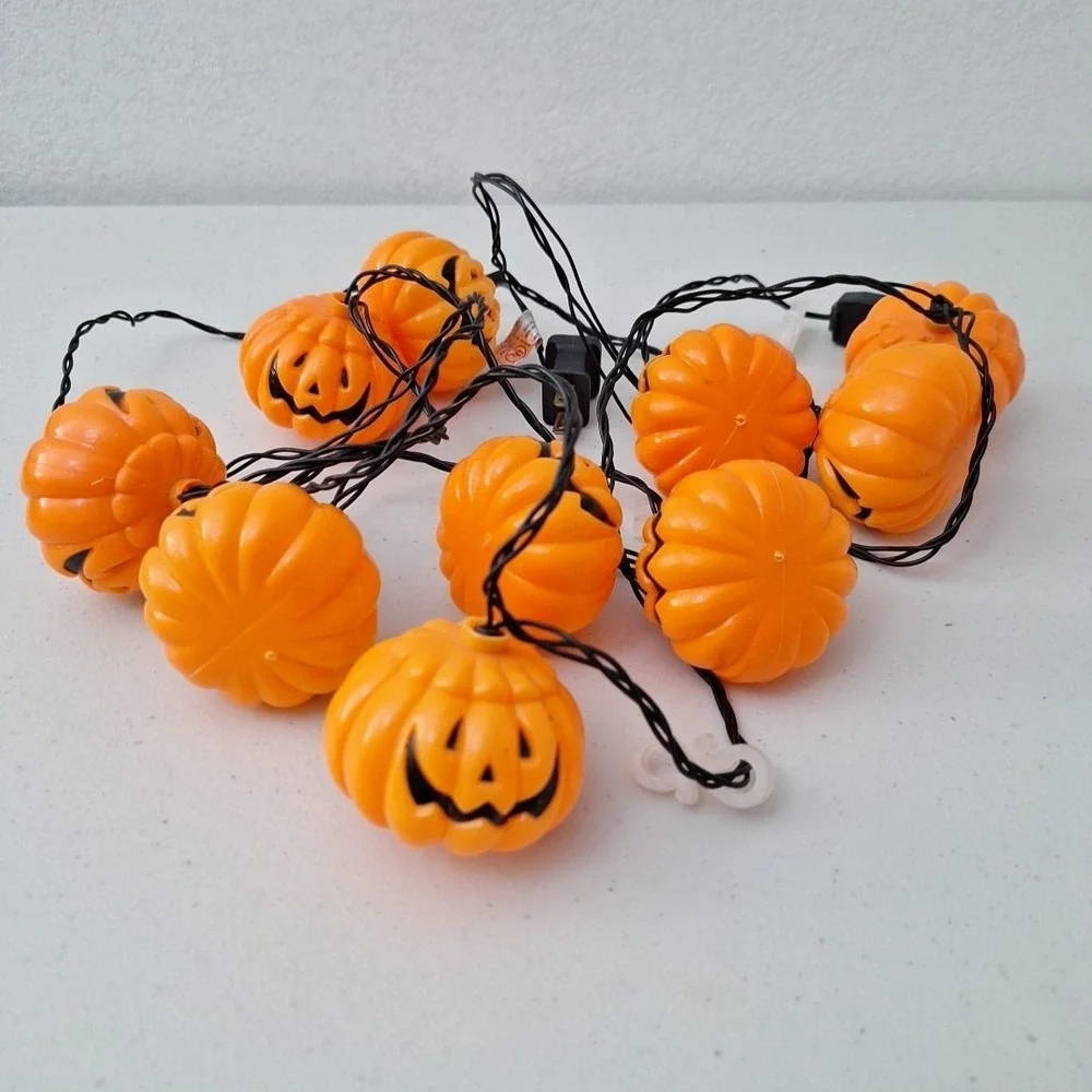 Vintage Pumpkin Blow Mold String Lights Jack-o-Lantern 10 Light Work